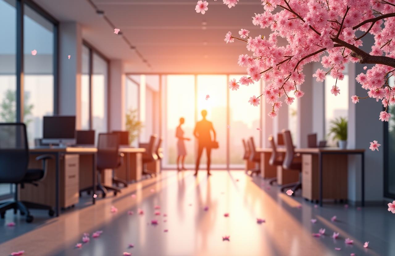 桜の花びらが舞うモダンで明るいオフィス空間