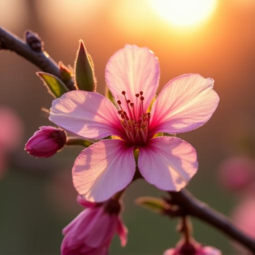 朝日を浴びて輝く桜の枝と露