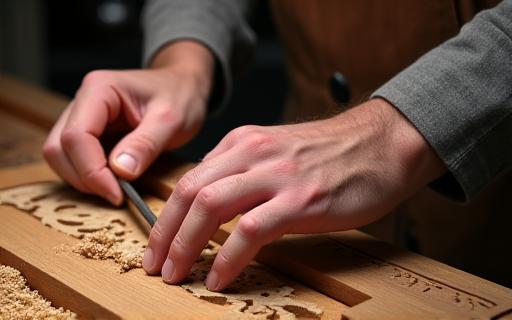 職人が道具を手に木材を加工している様子